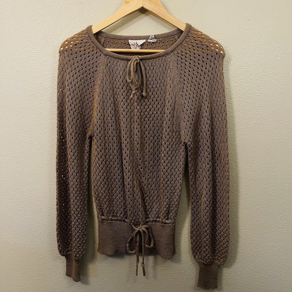 Brown Open Knit Sweater Brown Waist Collar Ties Boho Preppy Whimsygoth Sz M (S?)